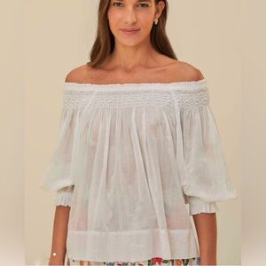 FARM Rio White Off-Shoulder Smocked Tunic. Size M. 100% Cotton